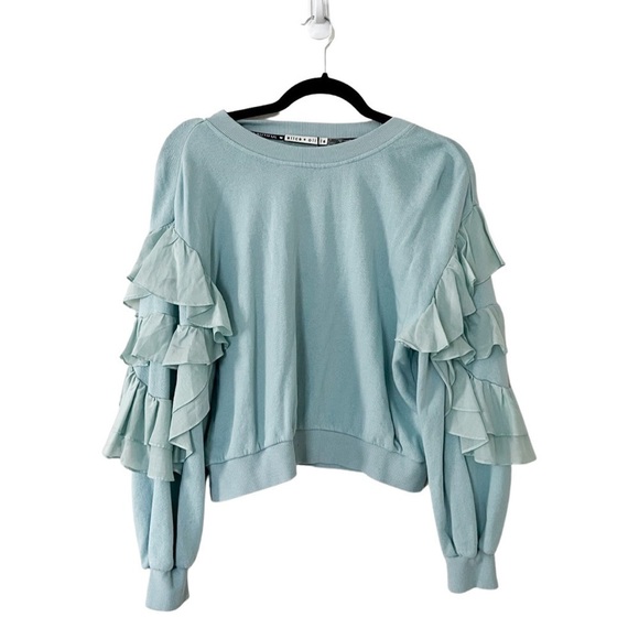 NWT ALICE + OLIVIA Evalyn Cropped Ruffled French Cotton-Blend Terry Sweatshirt M - Picture 2 of 6